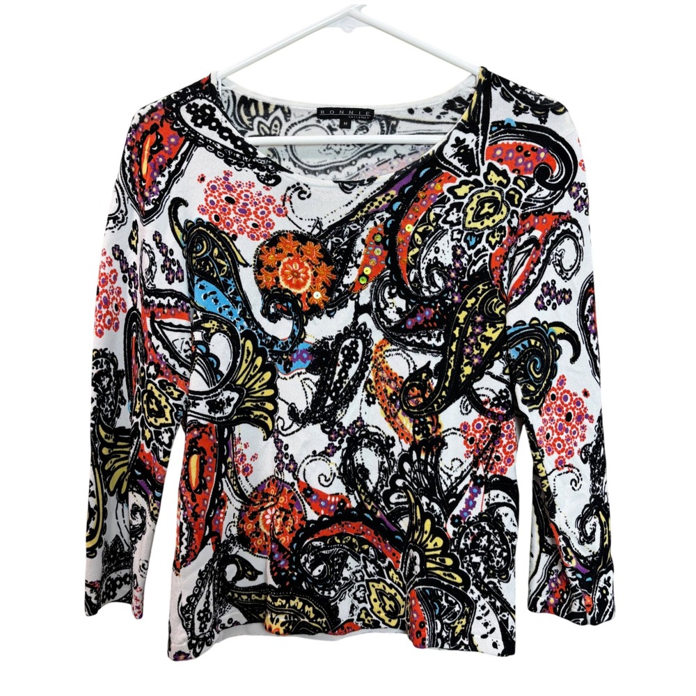 Ronnie Womens M Bright Paisley Glam‎ Hippie 3/4 Sleeve Shirt Beaded Colorful